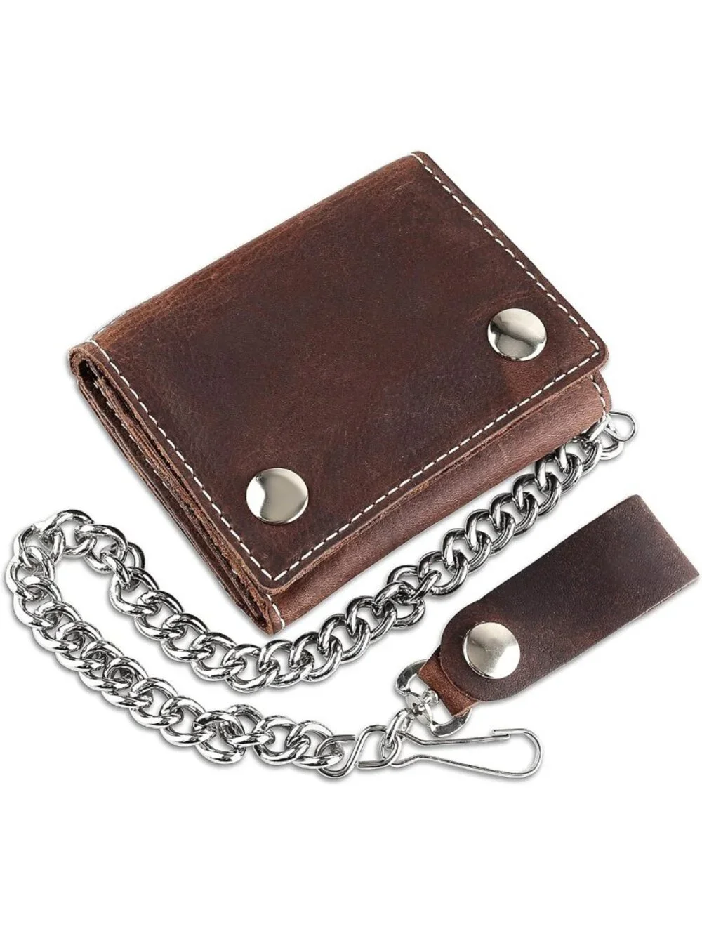 Vintage Biker Tri-fold Leather Wallet with RFID Blocking, Steel Chain, Snap